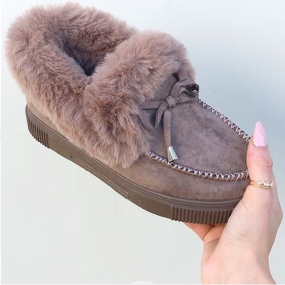 Taupe Fuzzy Slip-on Moccasin Slippers - Picture 4 of 11